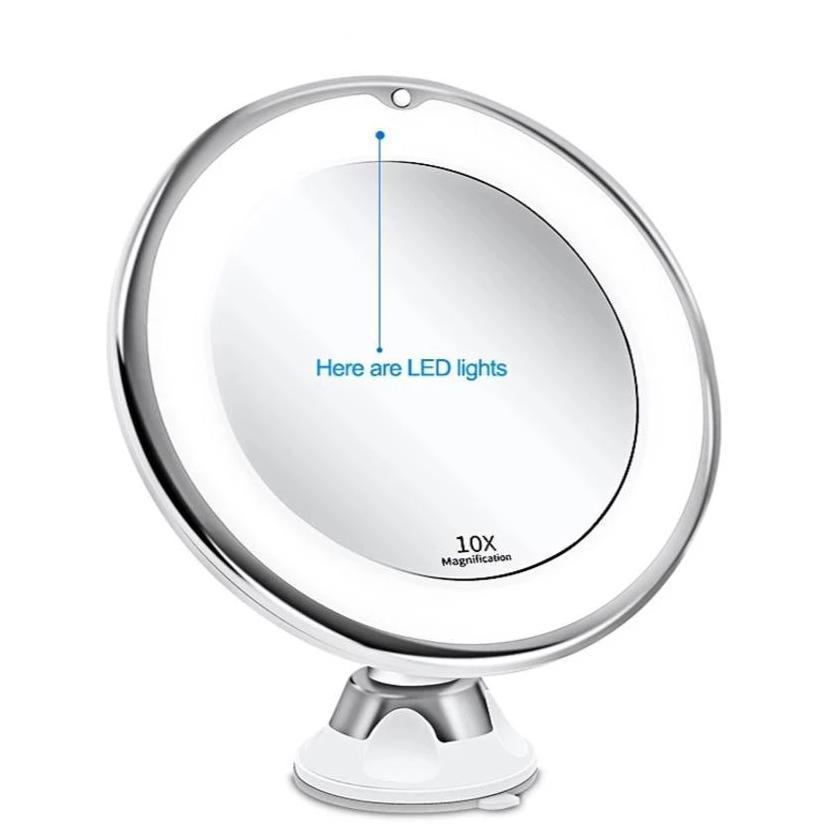 Espelho de Aumento 10x Articulado 360° com LED e Ventosa de Fixação